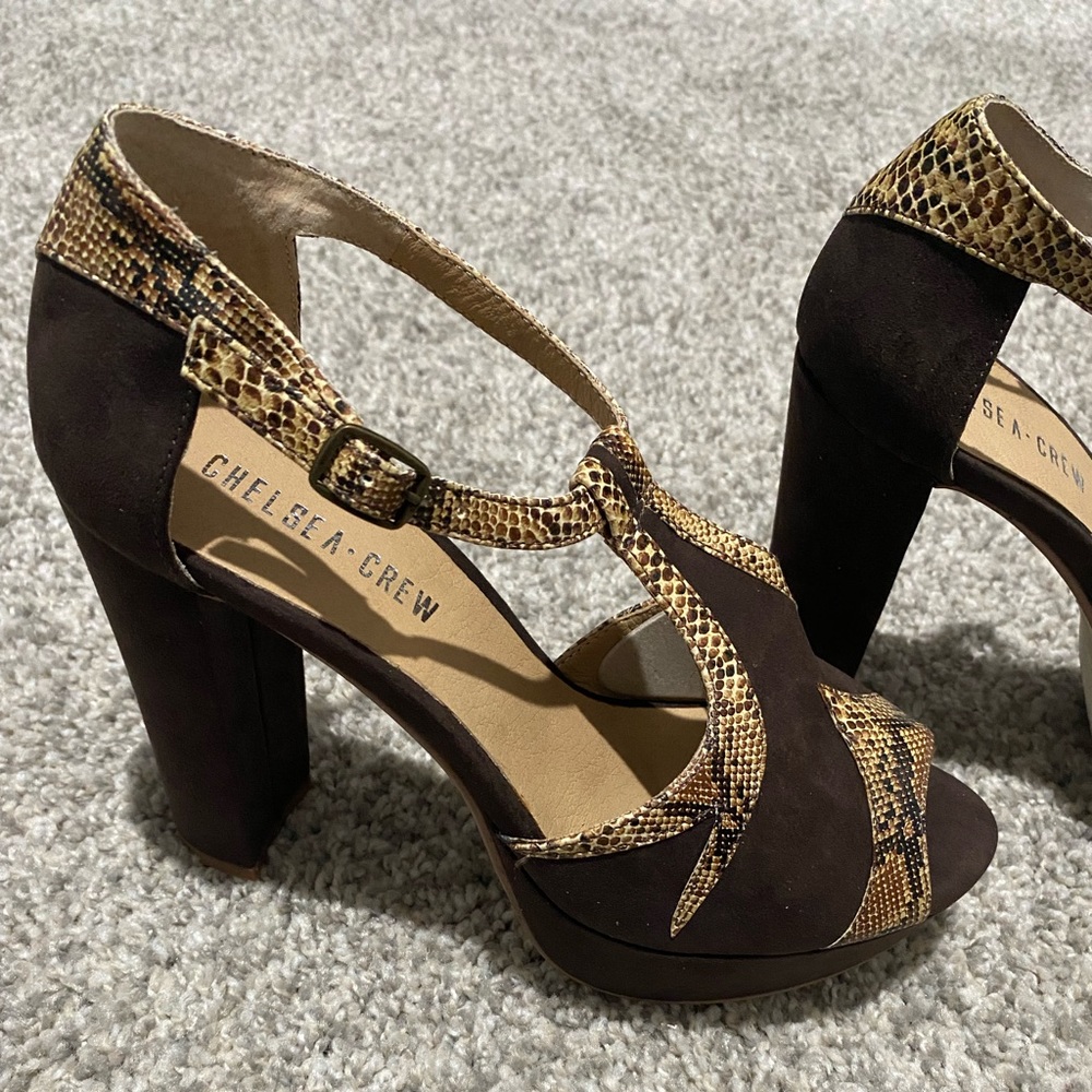 Chelsea Crew Snakeskin Brown Hirise Heels